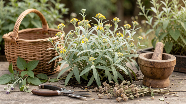 Plants d’absinthe aux feuilles vert argenté et aux petites fleurs jaunes, accompagnées d’un panier tressé, de ciseaux de jardinage et d’ustensiles traditionnels dans un jardin d’herbes.