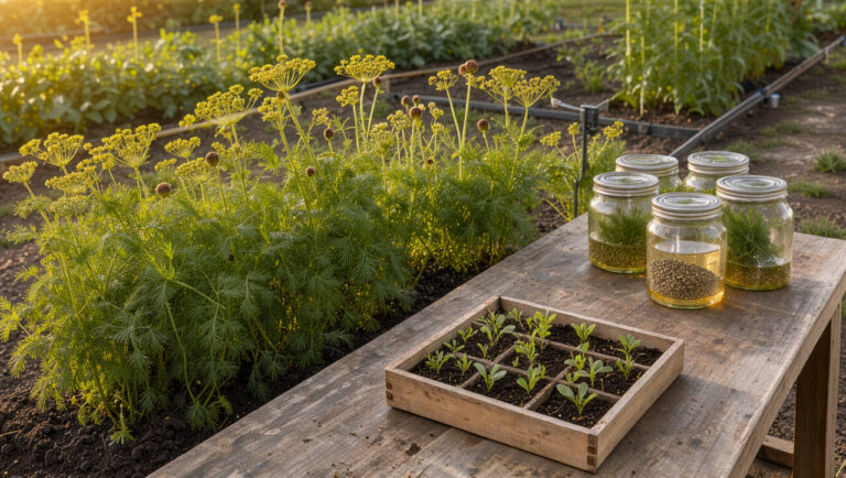 Plants d’aneth luxuriantes dans un jardin autonome, avec feuilles fraîches, ombelles jaunes, graines et bocaux de conservation sur une table rustique.