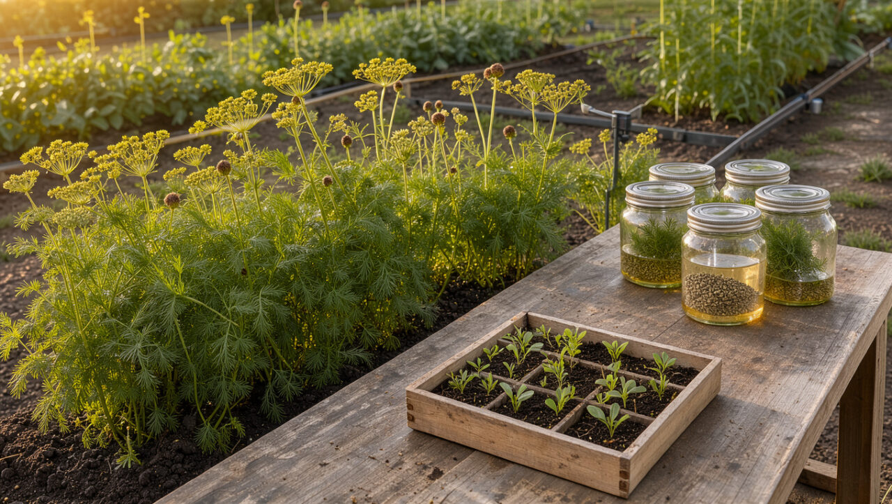 Plants d’aneth luxuriantes dans un jardin autonome, avec feuilles fraîches, ombelles jaunes, graines et bocaux de conservation sur une table rustique.