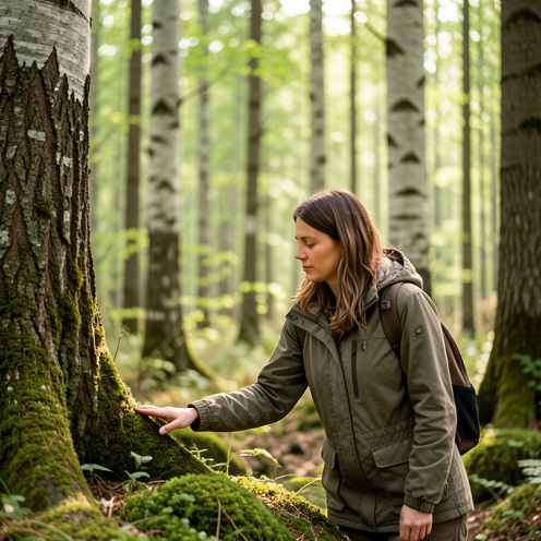 Une femme pratique la pleine conscience dans une forêt de hêtres, en touchant doucement la mousse sous une lumière matinale apaisante.