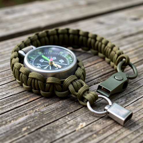 Bracelet de survie en paracorde accompagné d’une boussole, d’un sifflet et d’un allume-feu sur une table en bois.