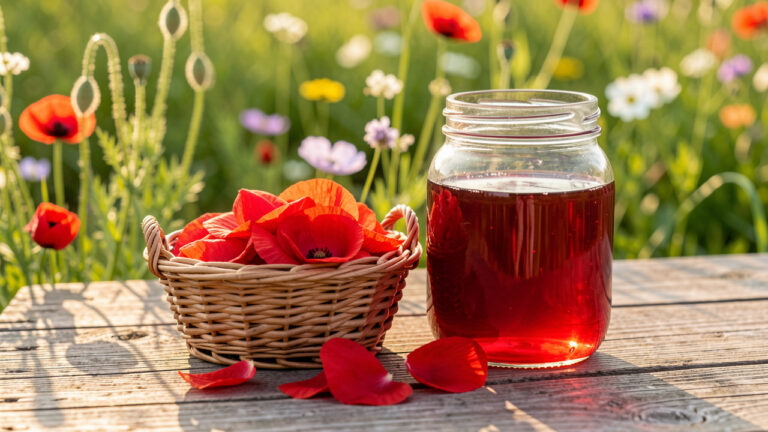 Pétales rouges de coquelicot rassemblés dans un panier près d’un bocal de sirop sauvage maison, sur une table rustique en pleine lumière matinale.