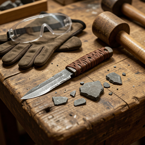 Couteau en silex taillé posé sur un établi avec des éclats de pierre, des gants, des lunettes de protection et un maillet en bois.