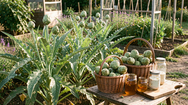 Artichauts cultivés dans un potager, récolte fraîche et préparation artisanale dans une ambiance de cuisine autonome.