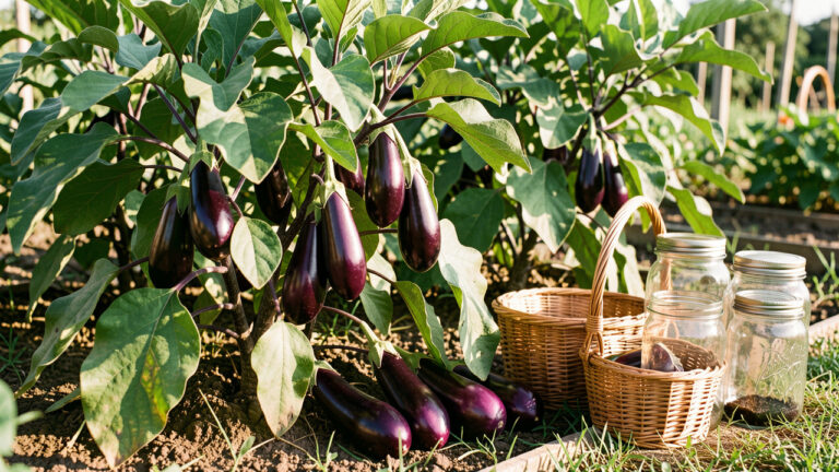 Plants d’aubergines mûres dans un potager ensoleillé, avec des légumes récoltés dans des paniers et des bocaux de conservation en verre.