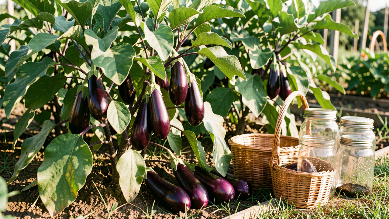 Plants d’aubergines mûres dans un potager ensoleillé, avec des légumes récoltés dans des paniers et des bocaux de conservation en verre.