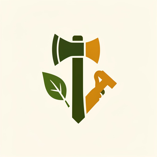 Emblème minimaliste combinant une hache, une feuille et un outil artisanal dans des tons vert forêt et ocre sur fond crème uni.