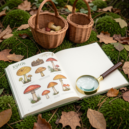 Guide illustré d’identification des champignons ouvert près de champignons forestiers, d’une loupe et d’un panier, dans un environnement naturel couvert de mousse et de feuilles.