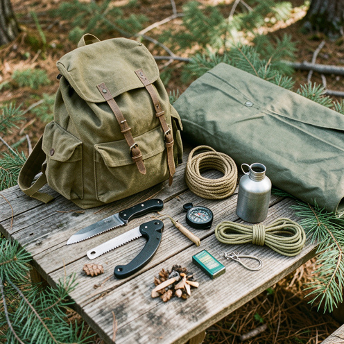 Matériel de bushcraft disposé sur une table en bois, avec sac à dos en toile, couteau utilitaire, scie pliante, corde, gourde métallique, boussole, allume-feu et bâche dans un décor forestier.