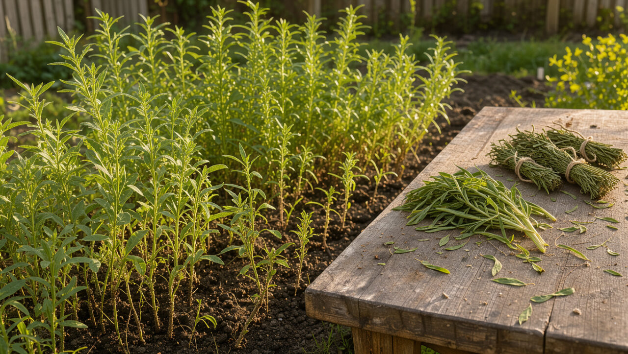 Plants d’estragon luxuriantes dans un jardin, avec des brins fraîchement récoltés et des bouquets mis à sécher sur une table en bois.