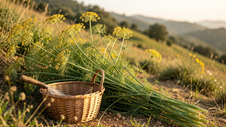 Fenouil sauvage en fleurs poussant sur un coteau méditerranéen, avec des tiges fraîchement récoltées dans un panier tressé.