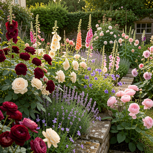 Jardin champêtre luxuriant présentant de vieilles variétés de roses, digitales, roses trémières, pivoines et ancolies en pleine floraison.