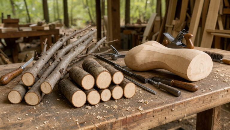Branches, rondins et objet en frêne travaillés sur un établi rustique, mettant en valeur le grain clair et souple du bois.