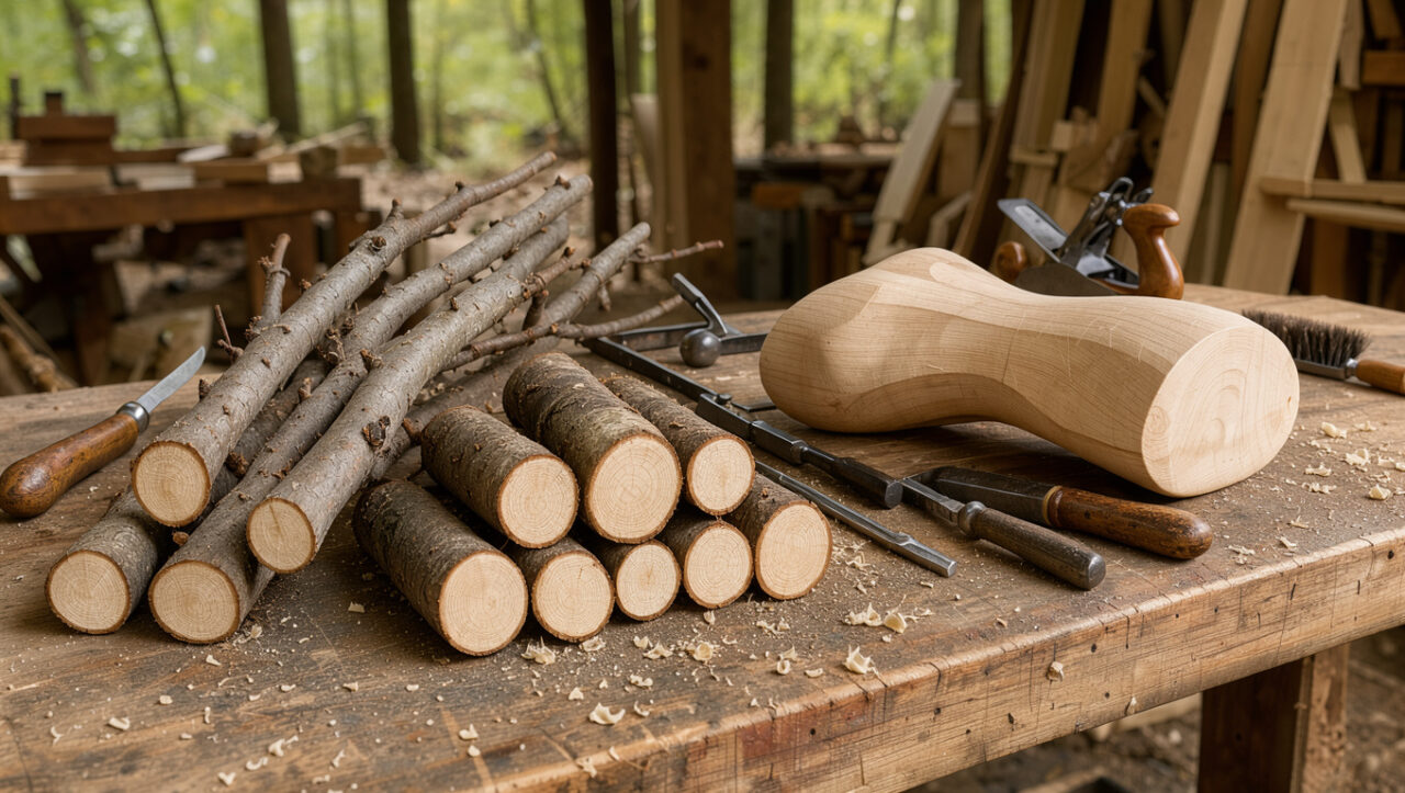 Branches, rondins et objet en frêne travaillés sur un établi rustique, mettant en valeur le grain clair et souple du bois.