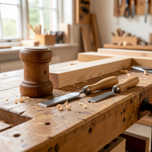 Maillet de menuisier en bois posé sur un établi à côté de ciseaux et de pièces de bois dans un atelier lumineux.