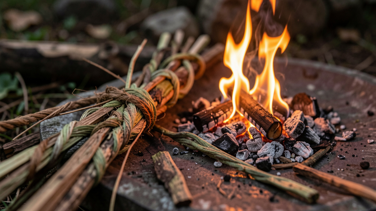 Mèche végétale traditionnelle fabriquée avec des fibres sèches de capucine, disposée près d’un petit feu contenu dans un environnement rustique.