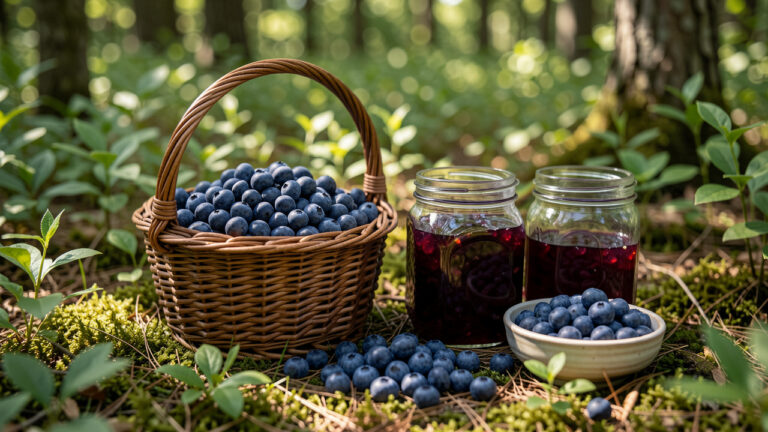 Myrtilles sauvages fraîchement cueillies dans un panier, accompagnées de bocaux de conserve et d’un bol de fruits au cœur d’un sous-bois lumineux.