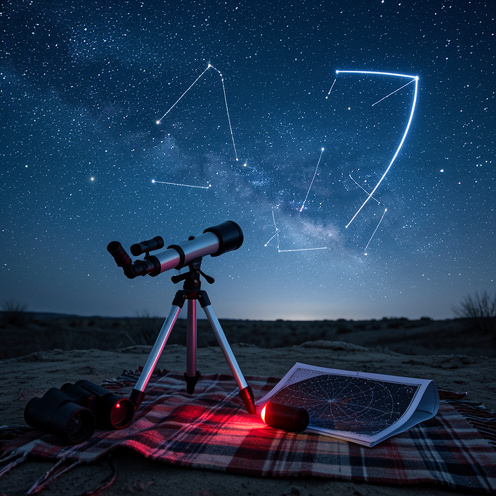 Matériel d’observation du ciel installé sous un ciel nocturne étoilé, avec un télescope, des jumelles et des constellations facilement reconnaissables.