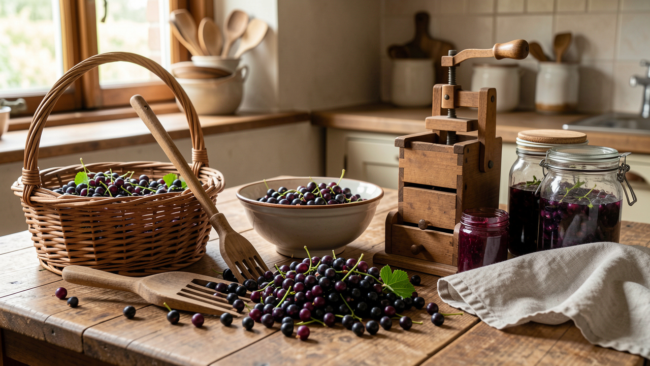 Outils traditionnels disposés dans une cuisine rustique pour récolter, trier et transformer des baies de cassis à la maison.