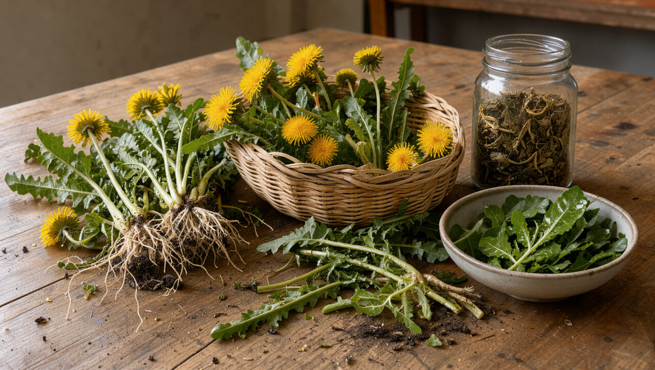 Pissenlits fraîchement récoltés, feuilles rincées, racines et feuilles séchées disposés sur une table en bois avec un panier et un bocal en verre.