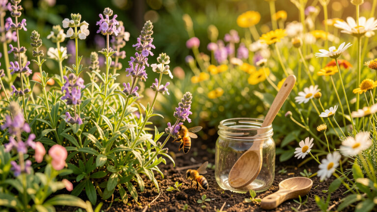 Jardin autonome fleuri avec une abeille butinant doucement et un petit pot en verre destiné à une récolte de pollen respectueuse.