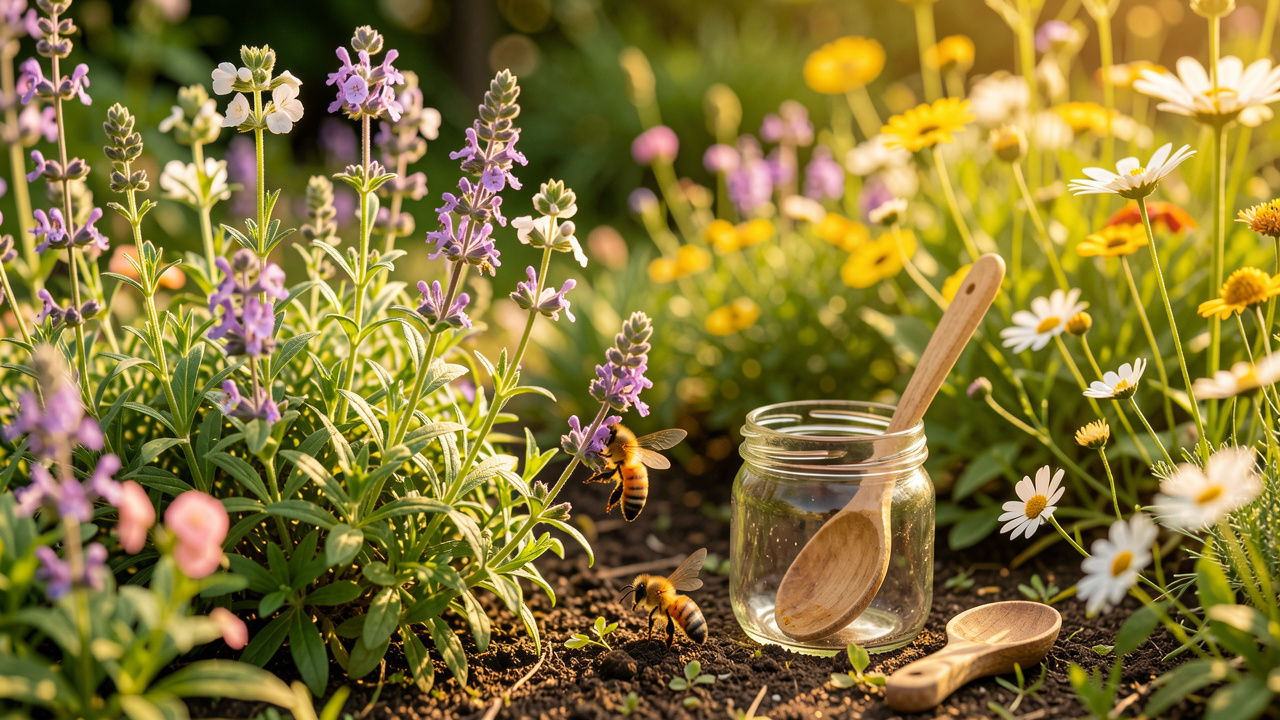 Jardin autonome fleuri avec une abeille butinant doucement et un petit pot en verre destiné à une récolte de pollen respectueuse.