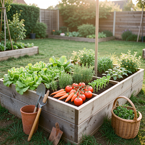 Petit potager biologique débutant avec des légumes, des herbes aromatiques, des semis et des outils de jardinage dans des bacs surélevés.