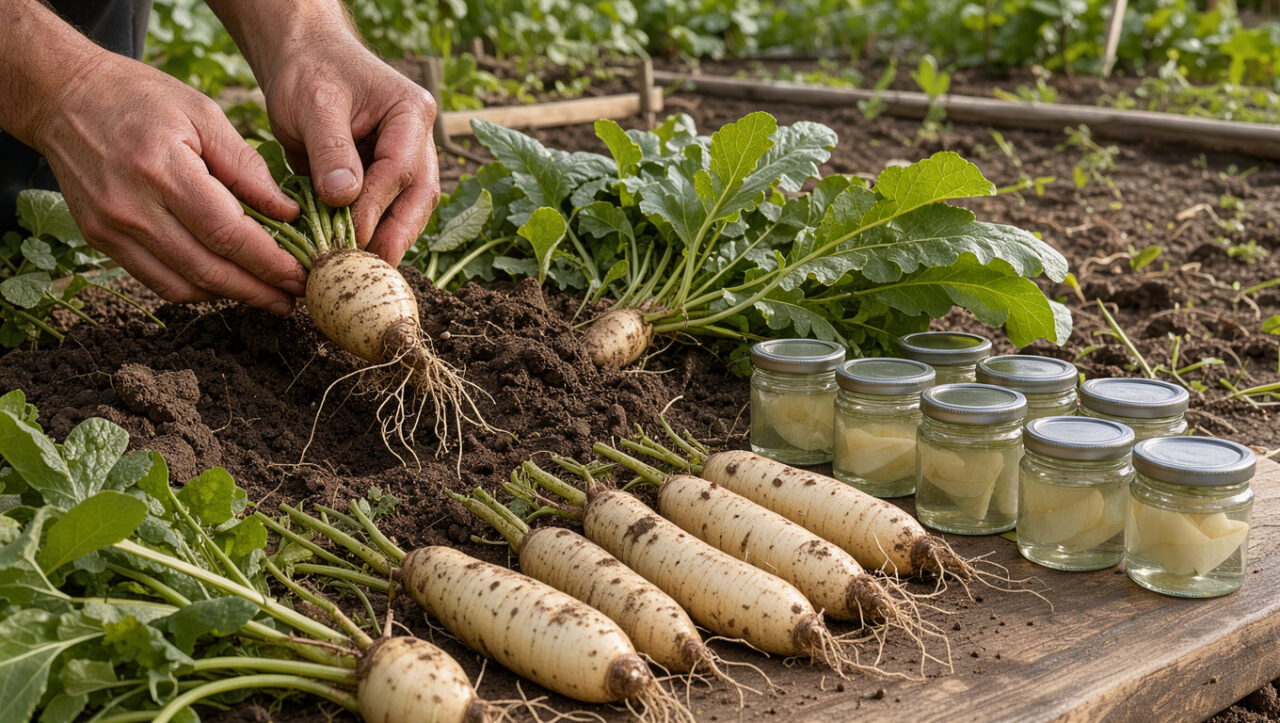 Racines de raifort fraîchement récoltées, feuilles vertes, racines nettoyées et bocaux en verre sans étiquette dans un potager rustique.
