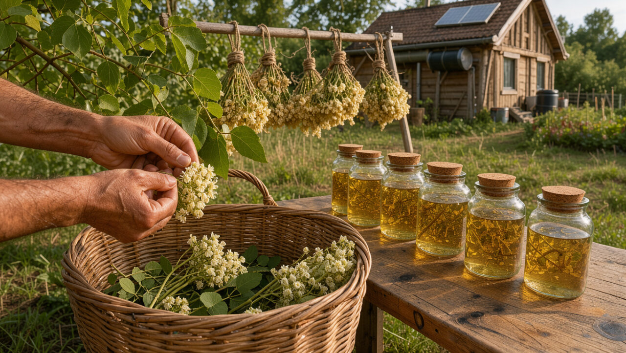 Fleurs et feuilles de tilleul récoltées dans un panier, séchant sur des claies en bois près d’une maison autonome, avec des bocaux d’infusion sur une table.