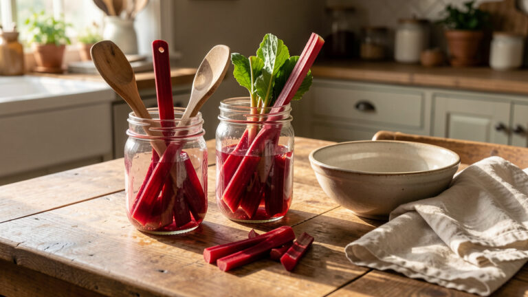 Tiges de rhubarbe rouge et bocaux en verre préparés pour la conservation maison sur une table de cuisine rustique.