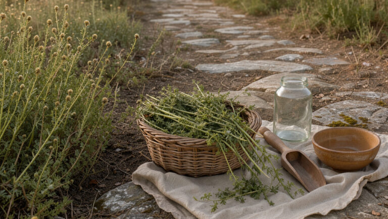 Roquette sauvage aux feuilles découpées, fraîchement cueillie dans un panier en osier près d’un bocal, d’un linge et d’ustensiles rustiques.