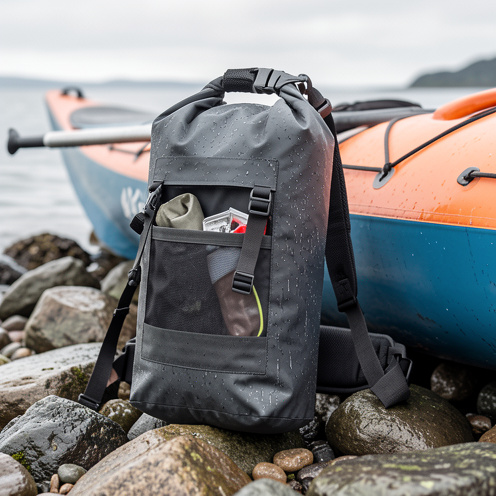 Sac étanche de 40 litres posé près d’un kayak sur une rive rocheuse, avec fermeture roulée, poignées renforcées et bretelles.