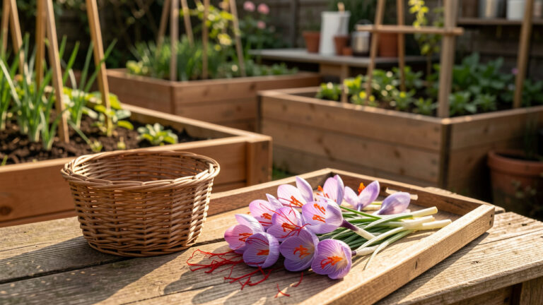 Fleurs de crocus safran et stigmates rouges disposés près d’un panier et d’un plateau de séchage dans un jardin autonome.