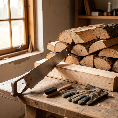 Scie à bûches entourée de rondins de bois, de gants de protection et d’une brosse d’entretien dans un atelier rustique.