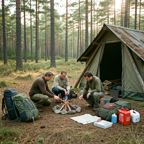 Un groupe d’adultes s’initie aux techniques de survie en pleine nature près d’un abri forestier, avec des sacs à dos et du matériel de premiers secours.